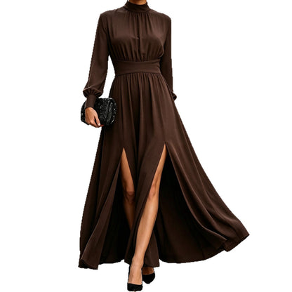 Stylish High-Waisted Long Dress with Stand-Up Collar, Long Sleeves, Double Slit, and Flared Hem