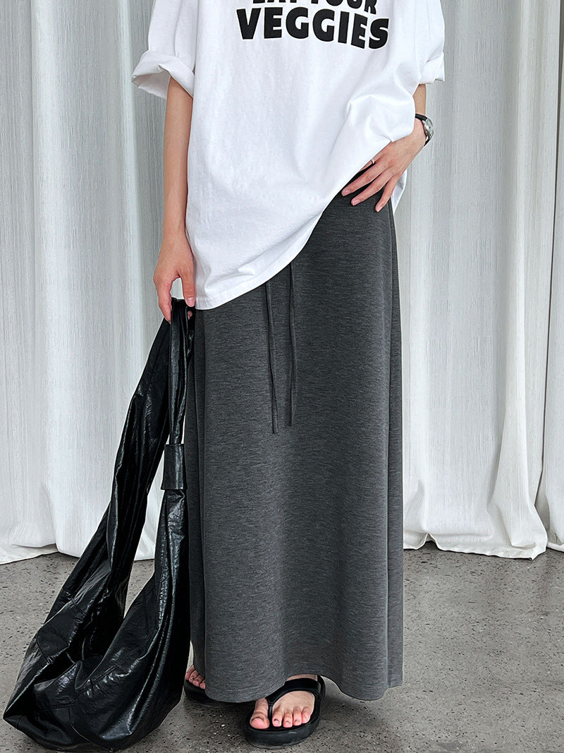 Straight A-line skirt, summer new high-waisted drawstring casual long skirt, fitted umbrella skirt