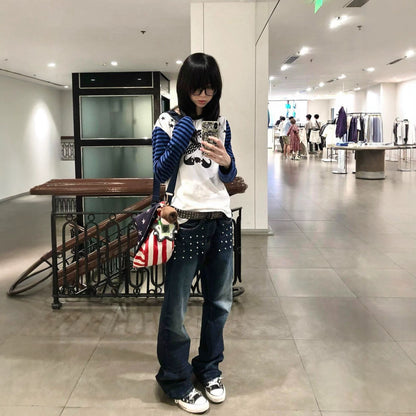 Color-block Stripes Mustache Stars Long Sleeve Women's T-Shirt