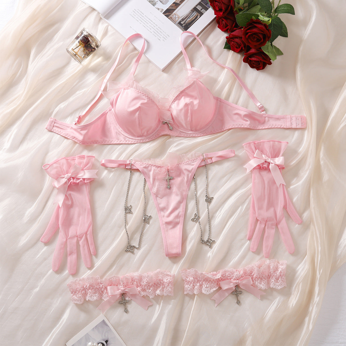 Japanese Cute Girl Pink Bow Sex Bra Set Elegant Lace Sexy Underwear Underwear Four Piece Set