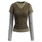 Color blocking fake two long sleeved T-shirts for women with V-neck stitching