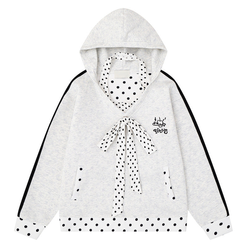 Sweet pink polka dot patchwork hooded sweatshirt