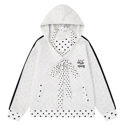 Sweet pink polka dot patchwork hooded sweatshirt