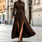 Stylish High-Waisted Long Dress with Stand-Up Collar, Long Sleeves, Double Slit, and Flared Hem