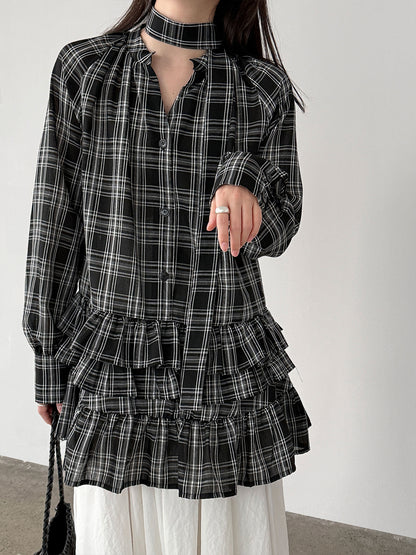 Plaid Ruffle V-Neck Tie Blouse for Women Spring Unique Design Layering Dress