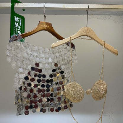 Heavy industry sequin hollow vest suspender short retro handmade performance clothing trend
