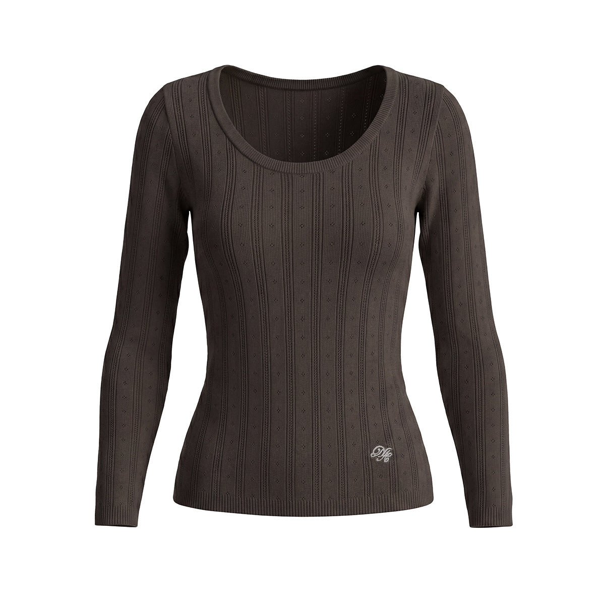 U-neck vertical groove long sleeved knitted sweater for women