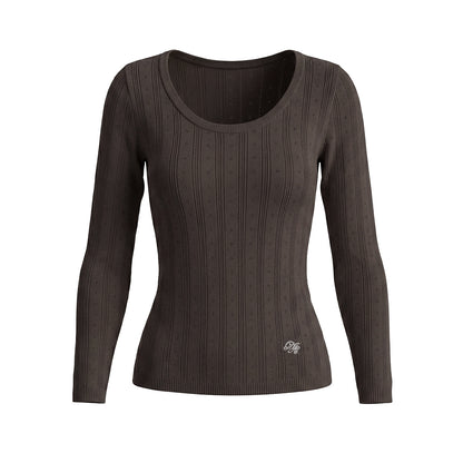 U-neck vertical groove long sleeved knitted sweater for women