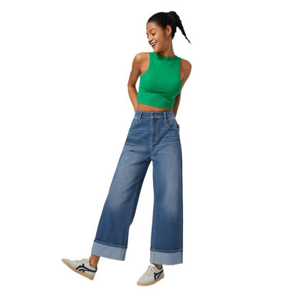 High Rise Rolled Straight Leg Jeans
