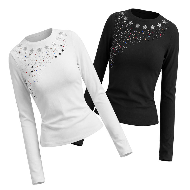 White star studded bead long sleeved base shirt for women