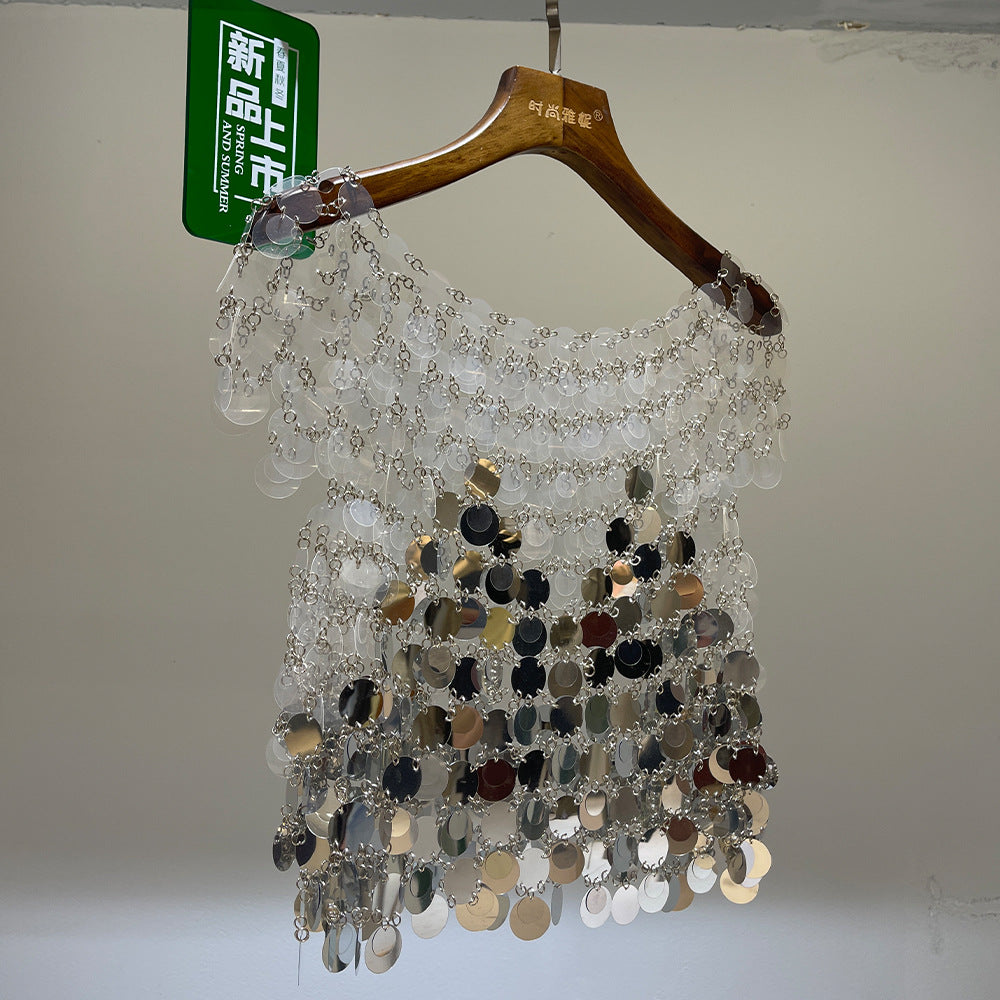 Heavy industry sequin hollow vest suspender short retro handmade performance clothing trend