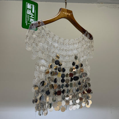 Heavy industry sequin hollow vest suspender short retro handmade performance clothing trend