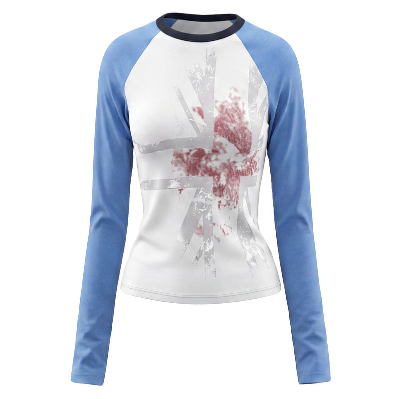 Blue and white raglan sleeve long sleeved T-shirt for women