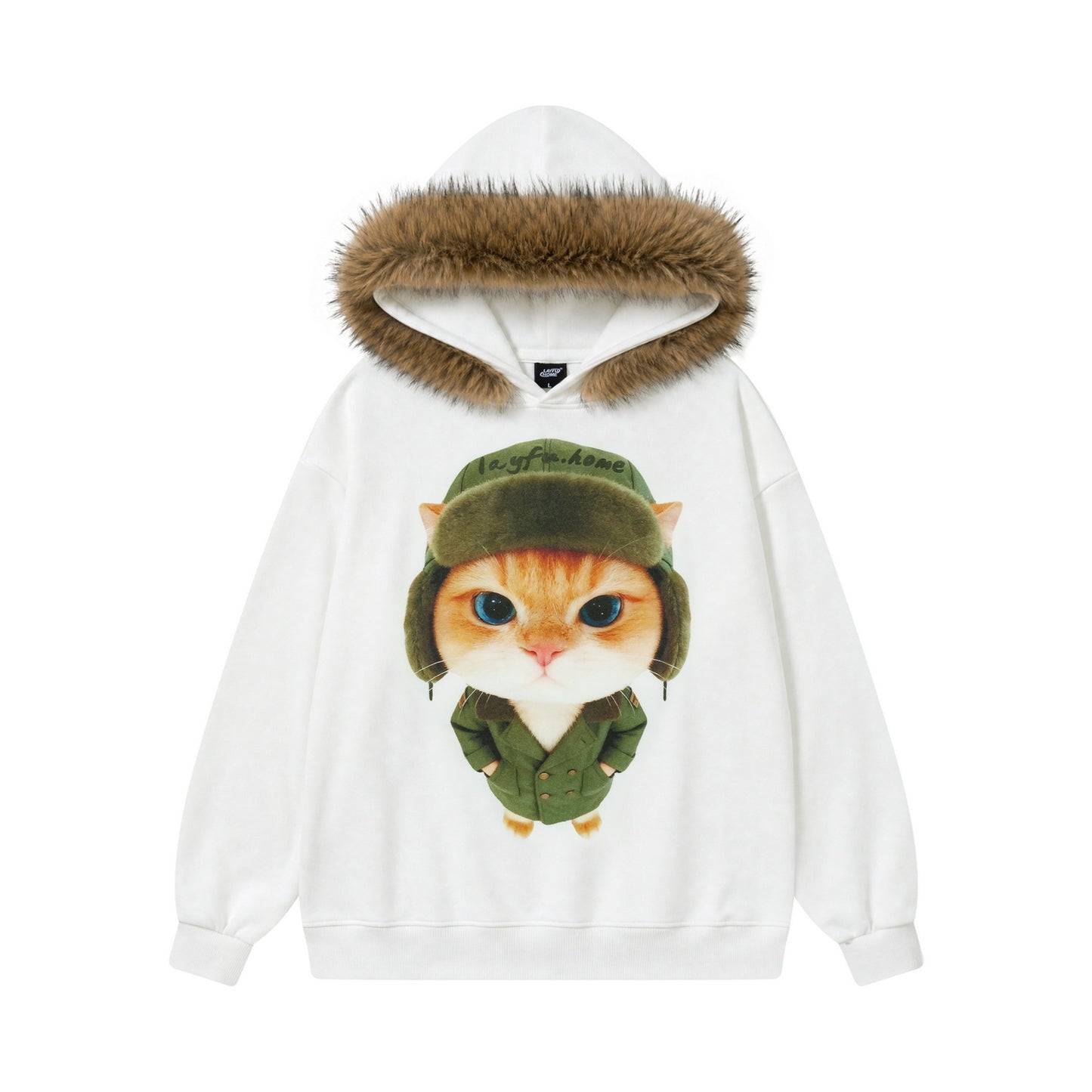 Military hat orange cat printed hoodie