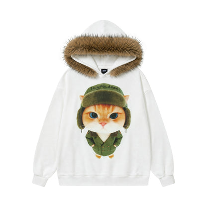 Military hat orange cat printed hoodie
