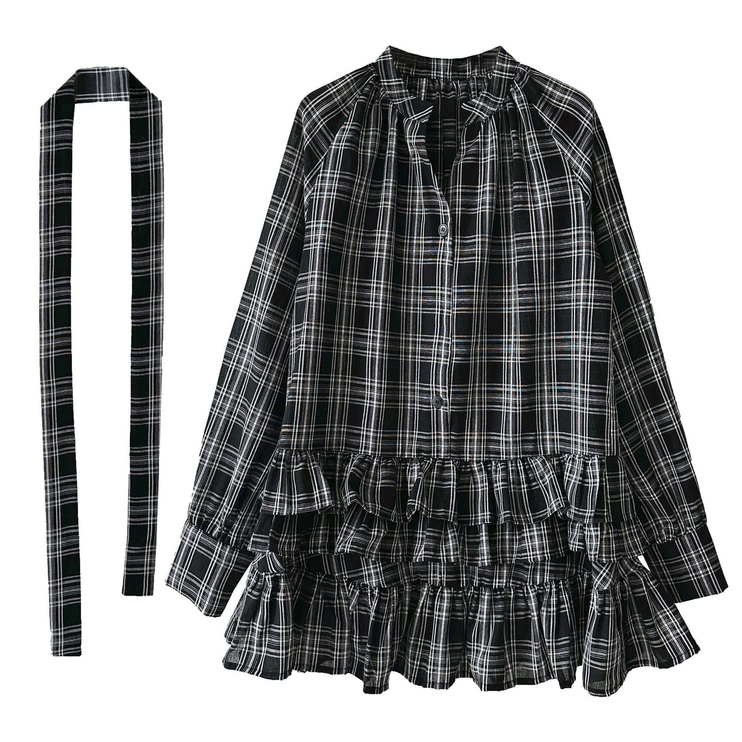 Plaid Ruffle V-Neck Tie Blouse for Women Spring Unique Design Layering Dress