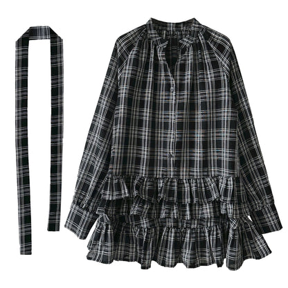 Plaid Ruffle V-Neck Tie Blouse for Women Spring Unique Design Layering Dress