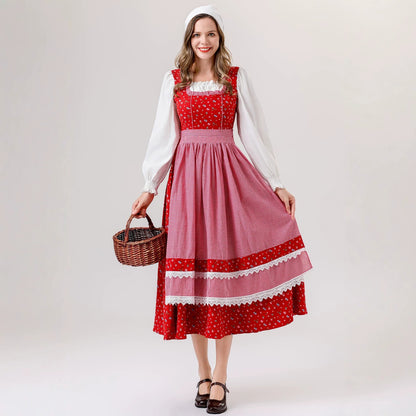 Vintage Rustic Style Little Red Riding Hood Dress, German Bavarian Traditional Servant Costume Cosplay Dress