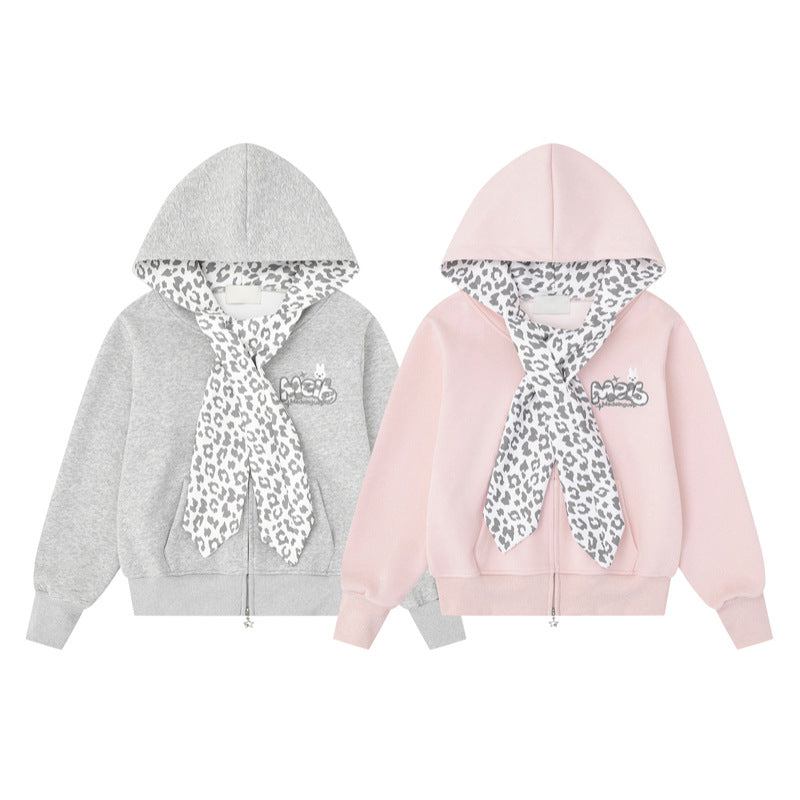 Leopard print scarf rabbit embroidery sweatshirt jacket
