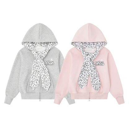 Leopard print scarf rabbit embroidery sweatshirt jacket