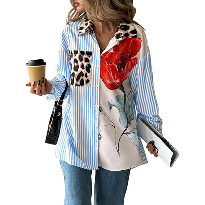 Women's Casual Trendy Printed Striped Patchwork Shirt