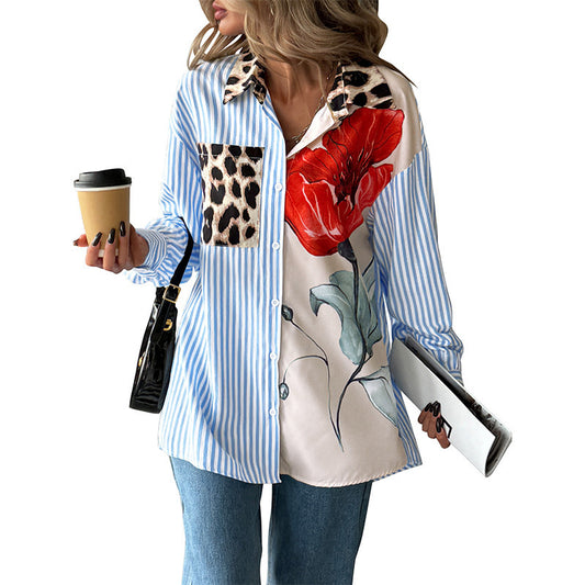 Women's Casual Trendy Printed Striped Patchwork Shirt