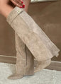 Boots with pointed toes large tube circumference straight tube metal buckle medium length tube thick heel women's boots