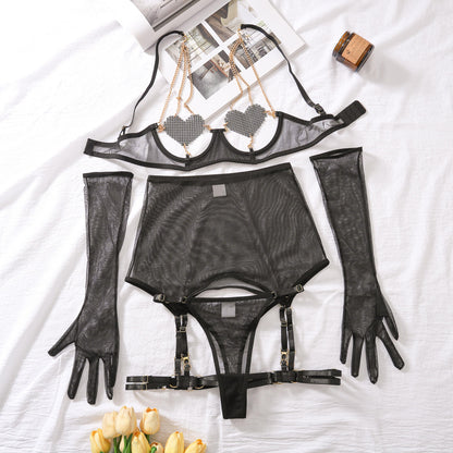Sexy lingerie with exposed chest heart-shaped chain sexy perspective mesh five piece set for women