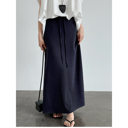Straight A-line skirt, summer new high-waisted drawstring casual long skirt, fitted umbrella skirt