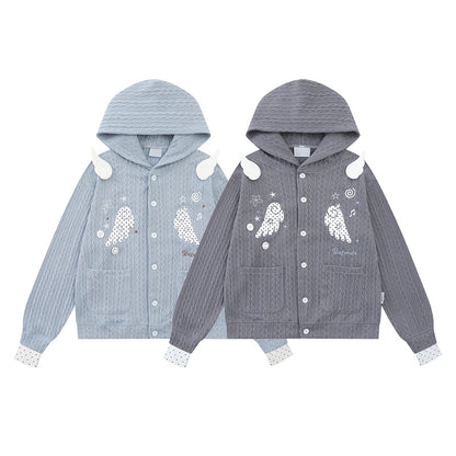Light blue twisted flower hooded cardigan