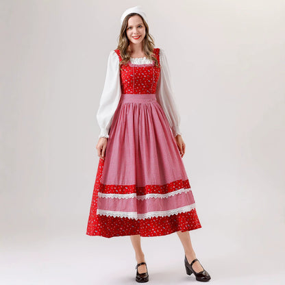 Vintage Rustic Style Little Red Riding Hood Dress, German Bavarian Traditional Servant Costume Cosplay Dress