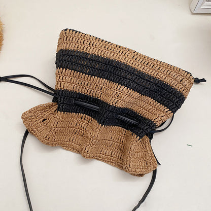 Stripe French Style Single Shoulder Straw Bag Large Capacity Tote Weaving Bag Beach Vacation Sand Bag