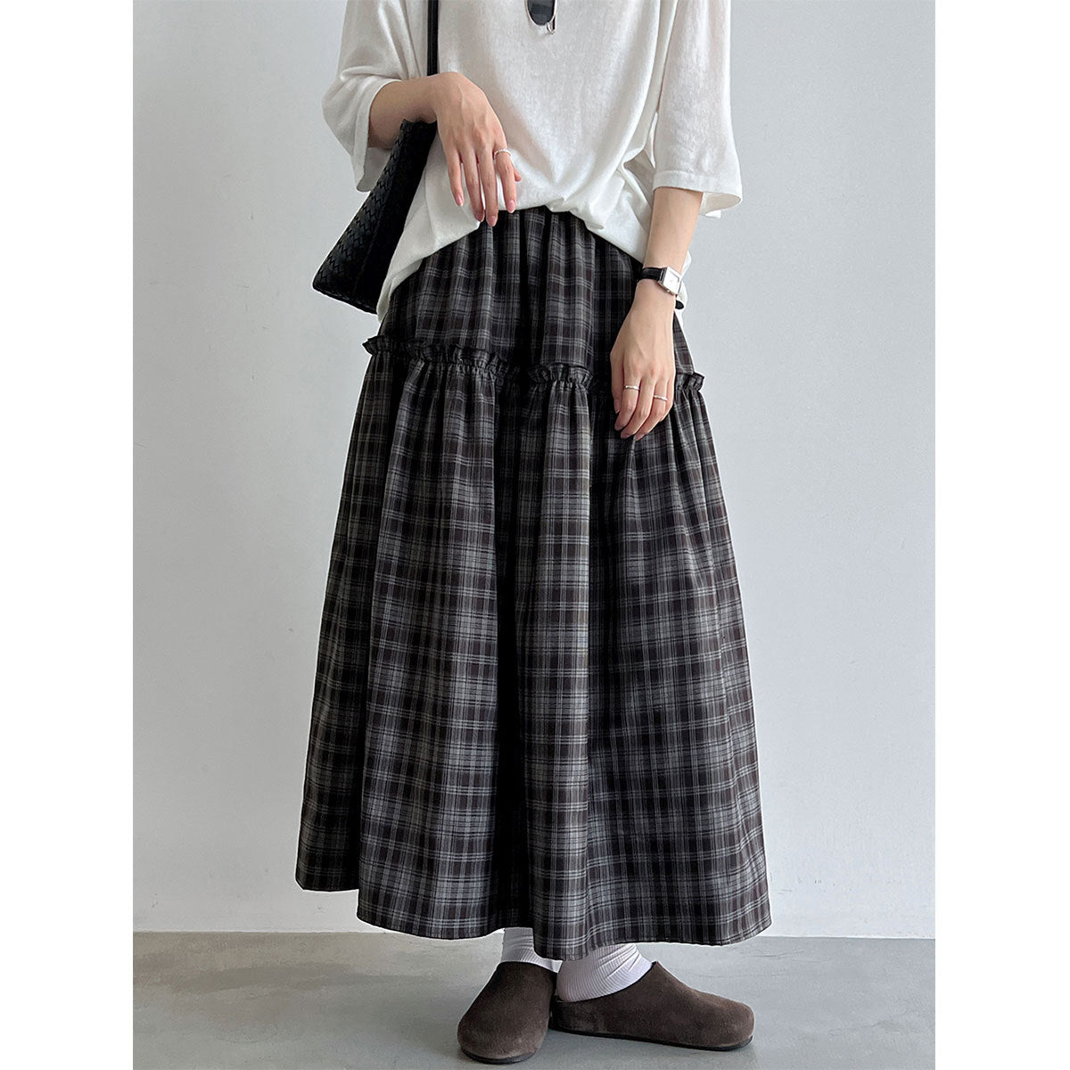 Deer West Plaid High-Waisted Patchwork Ruffle  Skirt for Women A-Line Flared Umbrella Skirt