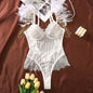 Lace patchwork vertical mesh U-shaped backless feather shaping one-piece outfit with a fun touch