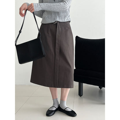 Deer West Minimalist High-Waisted Tie Waist Skirt for Women Early Autumn Commute Smart Slimming A-Line Pencil Mid-Length Skirt