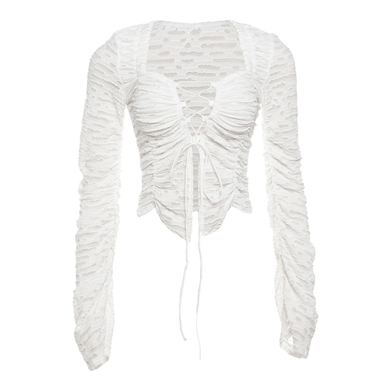 Women's fashionable and sexy hollow out strap solid color long sleeved cardigan jacket for women