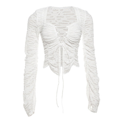 Women's fashionable and sexy hollow out strap solid color long sleeved cardigan jacket for women