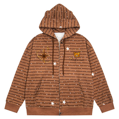 Striped star teddy bear loose shoulder zipper sweatshirt jacket