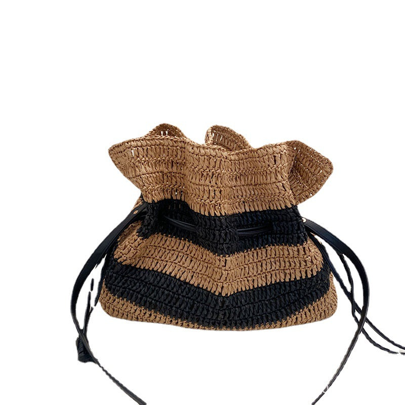 Stripe French Style Single Shoulder Straw Bag Large Capacity Tote Weaving Bag Beach Vacation Sand Bag
