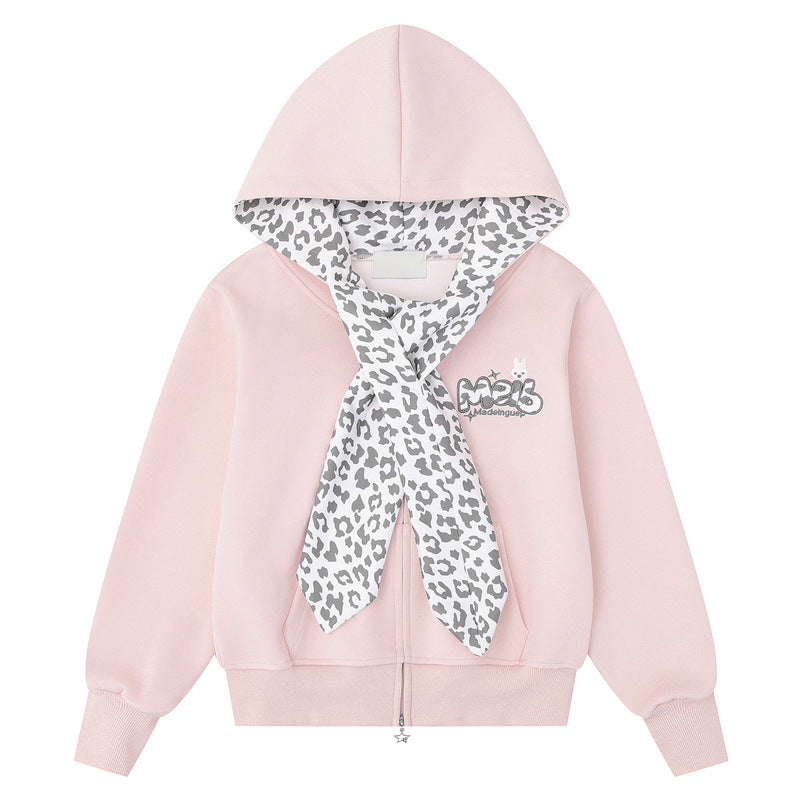 Leopard print scarf rabbit embroidery sweatshirt jacket