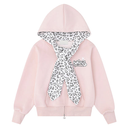 Leopard print scarf rabbit embroidery sweatshirt jacket