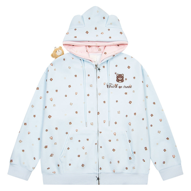 Embroidered teddy bear zipper loose hooded jacket