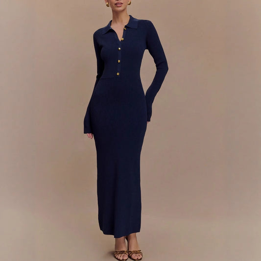 Autumn winter knitted dress women slim fit button comfortable elegant chic