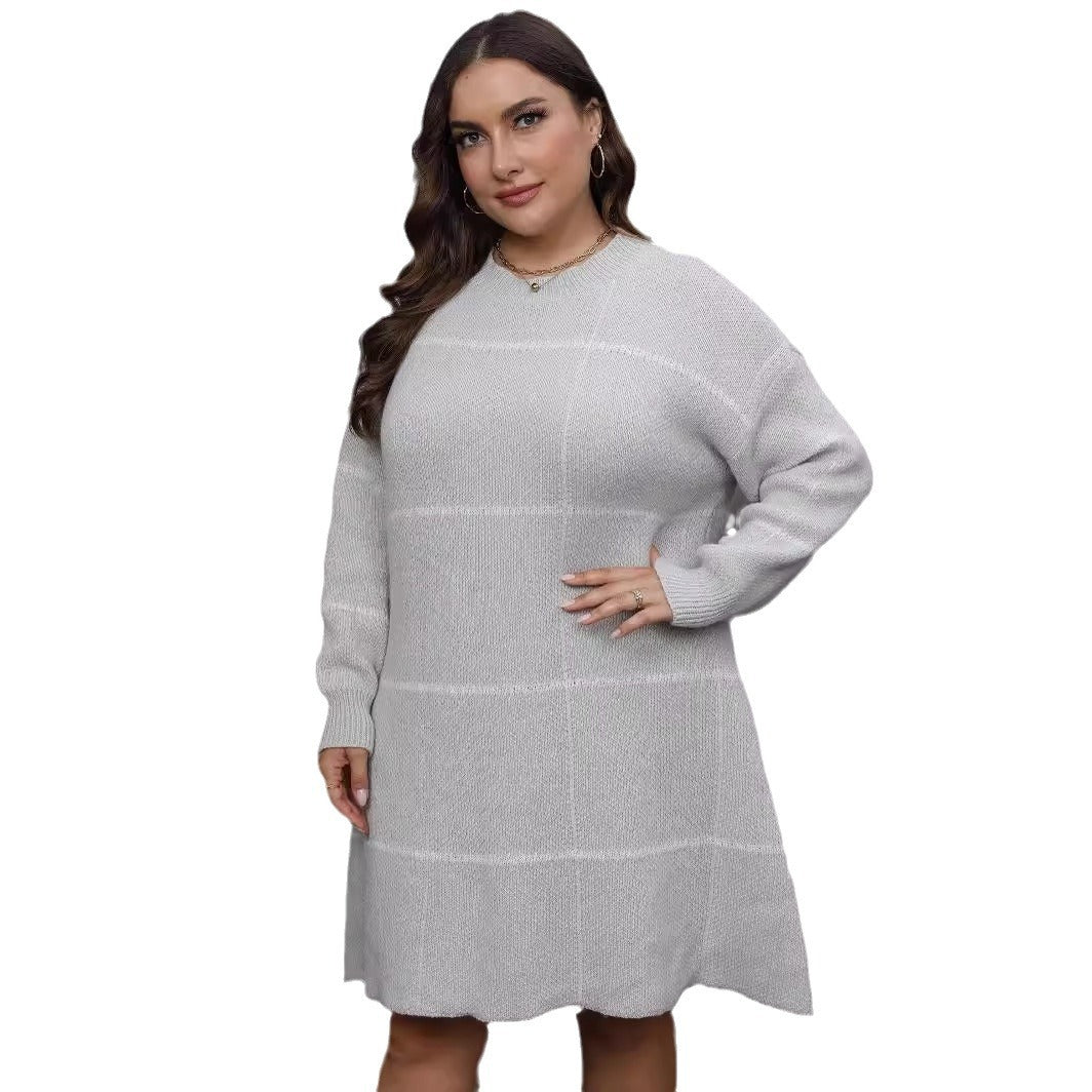 Fall Winter Knit Dress Striped Color Block Round Neck Long Sleeve Women's Plus Size Dress