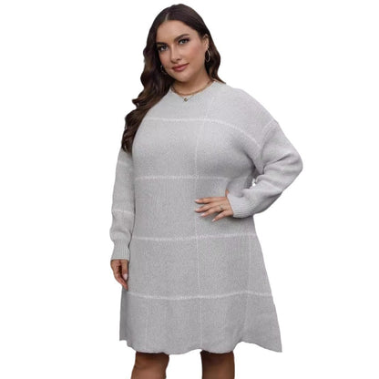 Fall Winter Knit Dress Striped Color Block Round Neck Long Sleeve Women's Plus Size Dress