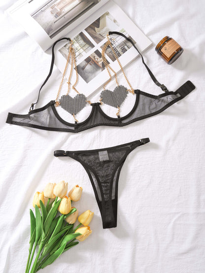 Sexy lingerie with exposed chest heart-shaped chain sexy perspective mesh five piece set for women
