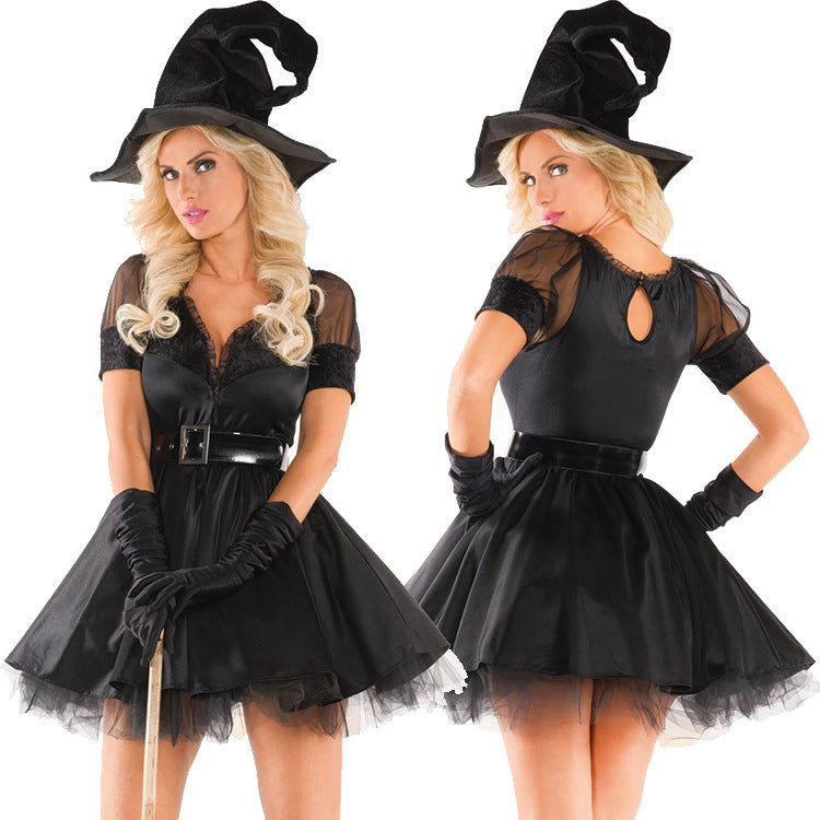 Halloween Adult Costume Party Sexy V-Neck Black Lace Witch Costume Role Play Devil Outfit