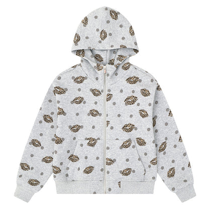 Retro leopard print red lipped women's floral gray hooded cardigan