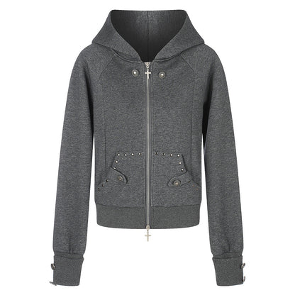 Grey nail style double bag hooded sweatshirt with cross zipper jacket