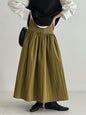 High-Waisted Cotton-Polyester Pleated Midi Skirt for Women, Solid Color Puffy A-Line Elegant Long Skirt